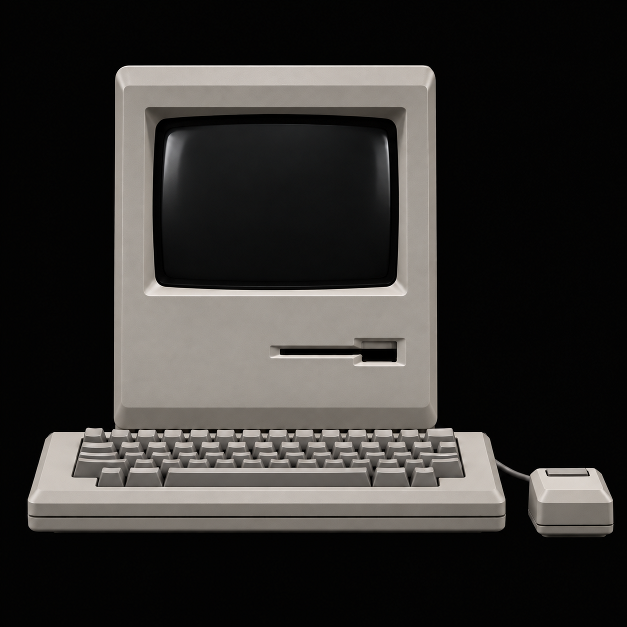 暖灰色老式 Macintosh 电脑、键盘与右侧有线单键鼠标，黑色背景下的写实造型
